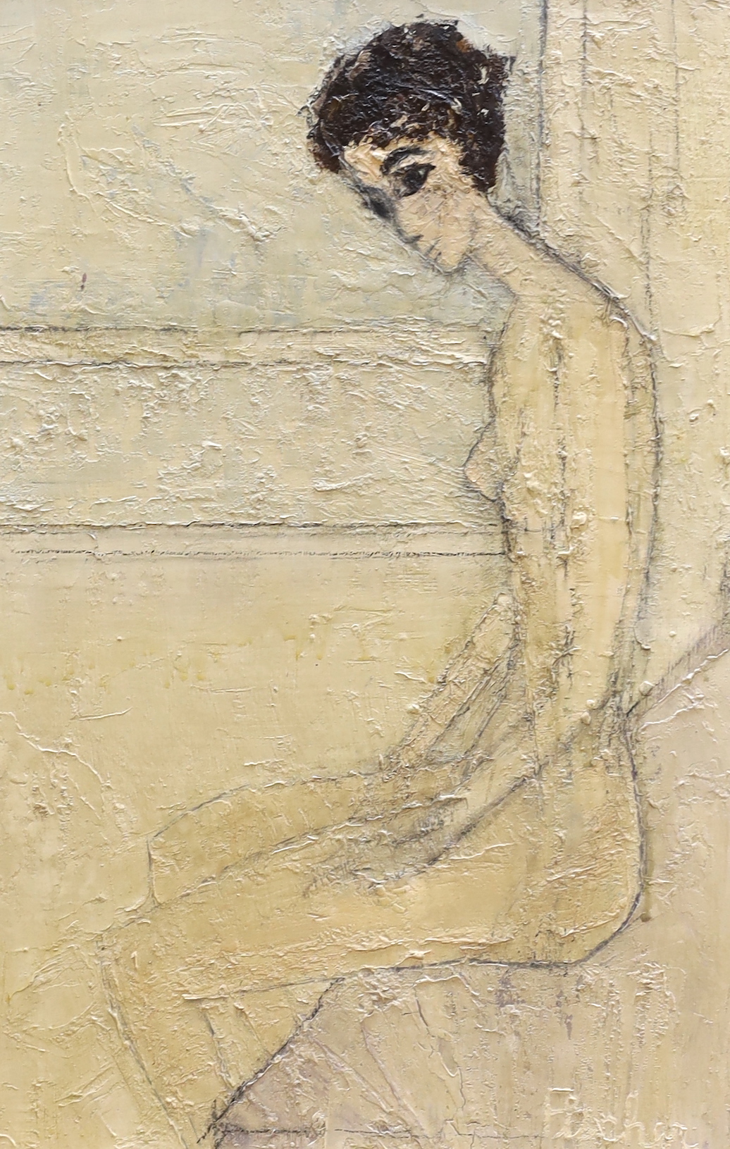 Fischer, impasto oil on board, Seated nude female, signed, 48 x 32cm